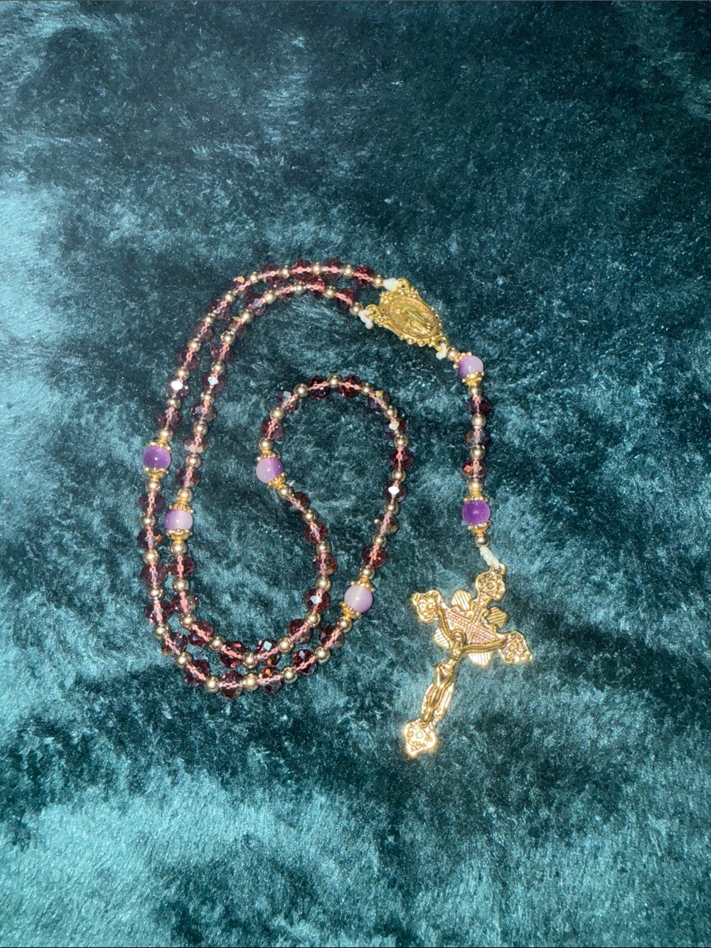 Gold Crucifix Rosary Necklace with Purple and Garnet Beads
